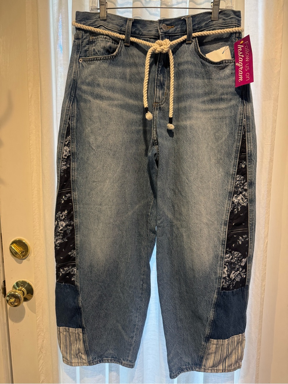 Universal Thread Blue Denim Boyfriend Jeans with Rope Belt and Side Patch Panels